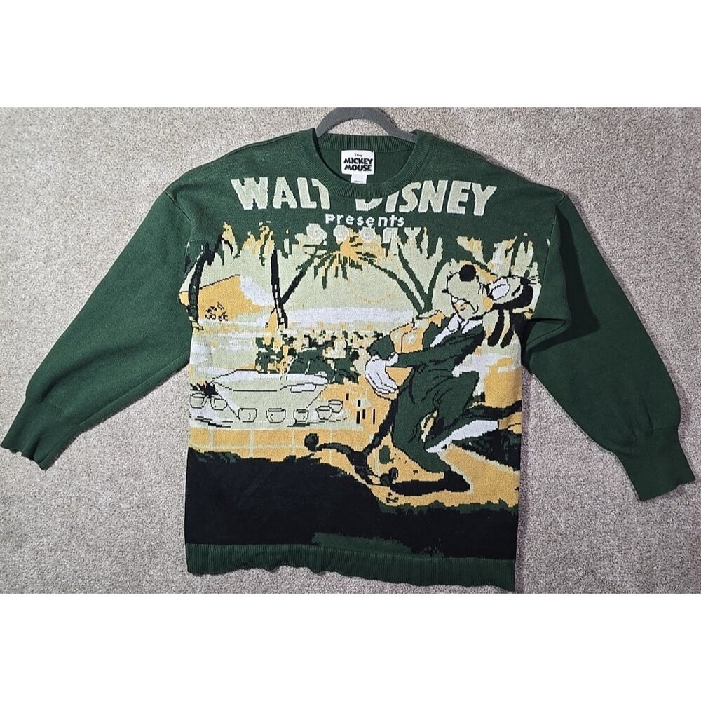 Walt Disney Goofy Knit Sweater "How to Dance" Pullover Green Cotton Blend Men L
